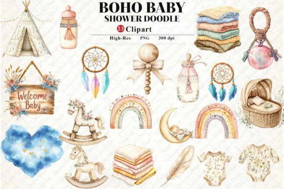 Download Neutral Boho Baby Shower Doodle Clipart - Art Collection
