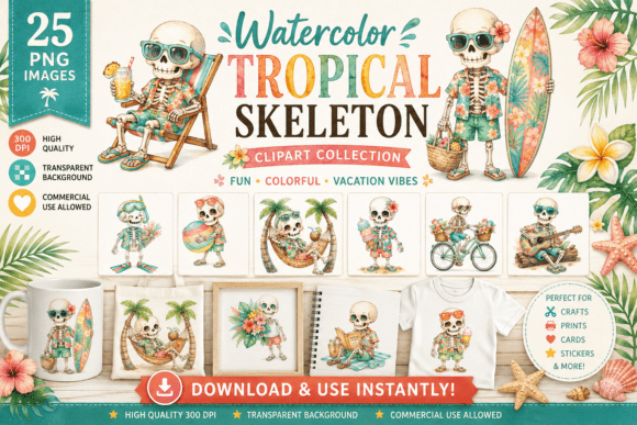 Download Watercolor Tropical Skeleton Clipart - Art Collection