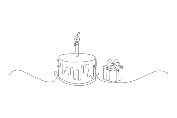 Download Birthday Cake with Present Box Line Art - Premium Resources